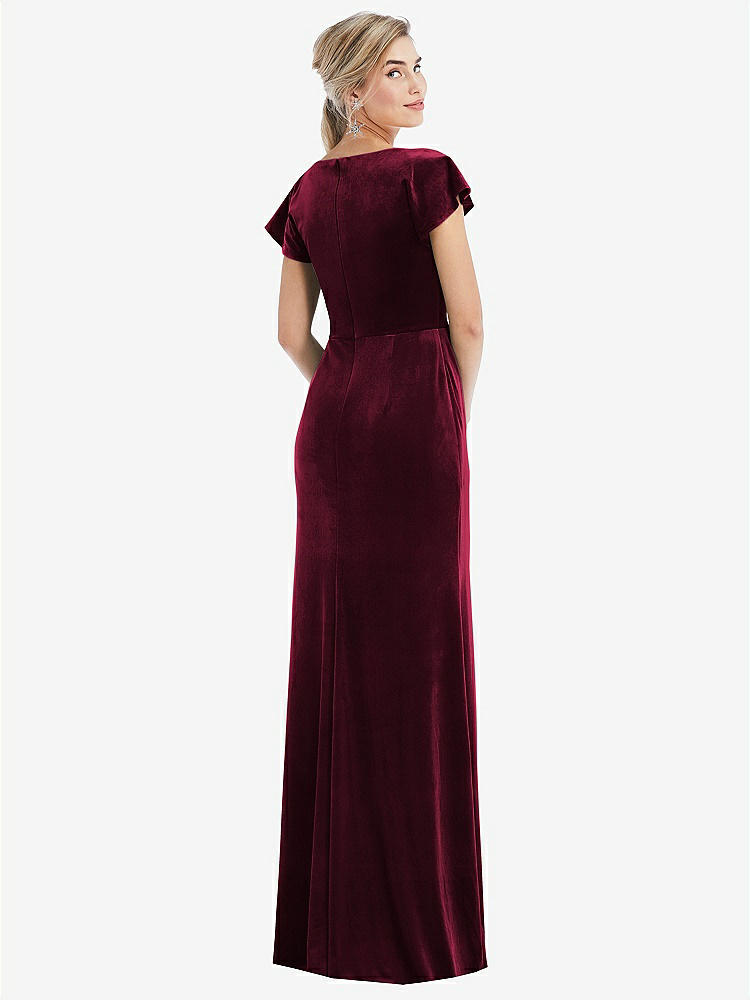 【STYLE: TH057】Flutter Sleeve Wrap Bodice Velvet Maxi Dress with Pockets【COLOR: Cabernet】