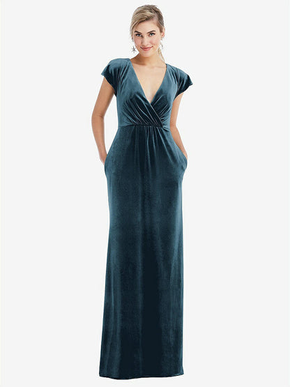 【NEW】【STYLE: TH057】フラッター スリーブ ラップ ボディス ベルベット マキシ ドレス ポケット付き【COLOR: Dutch Blue】【SIZE: 00-30W】