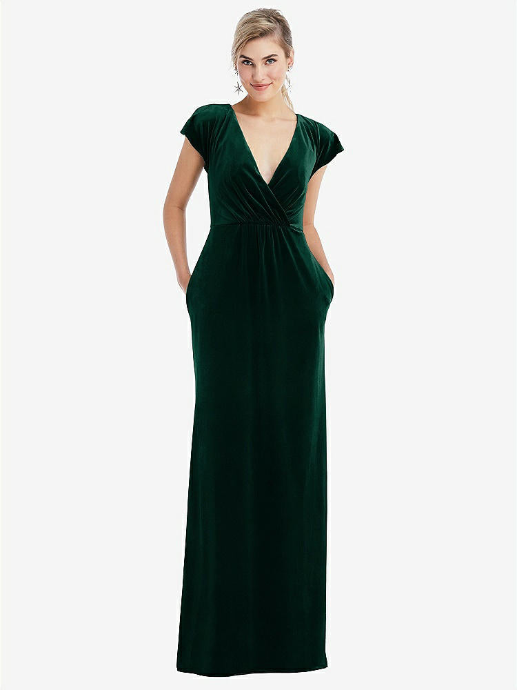 【STYLE: TH057】Flutter Sleeve Wrap Bodice Velvet Maxi Dress with Pockets【COLOR: Evergreen】
