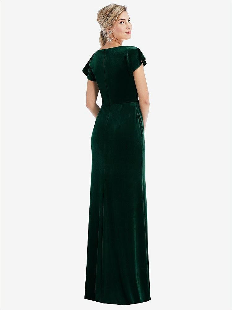 【STYLE: TH057】Flutter Sleeve Wrap Bodice Velvet Maxi Dress with Pockets【COLOR: Evergreen】