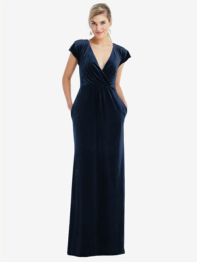 【NEW】【STYLE: TH057】フラッター スリーブ ラップ ボディス ベルベット マキシ ドレス ポケット付き【COLOR: Midnight Navy】【SIZE: 00-30W】
