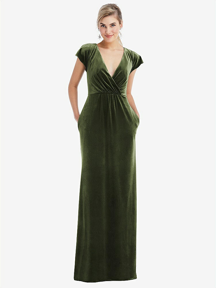 【NEW】【STYLE: TH057】フラッター スリーブ ラップ ボディス ベルベット マキシ ドレス ポケット付き【COLOR: Olive Green】【SIZE: 00-30W】