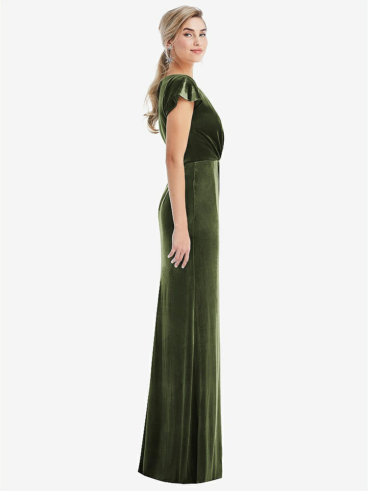 【NEW】【STYLE: TH057】フラッター スリーブ ラップ ボディス ベルベット マキシ ドレス ポケット付き【COLOR: Olive Green】【SIZE: 00-30W】