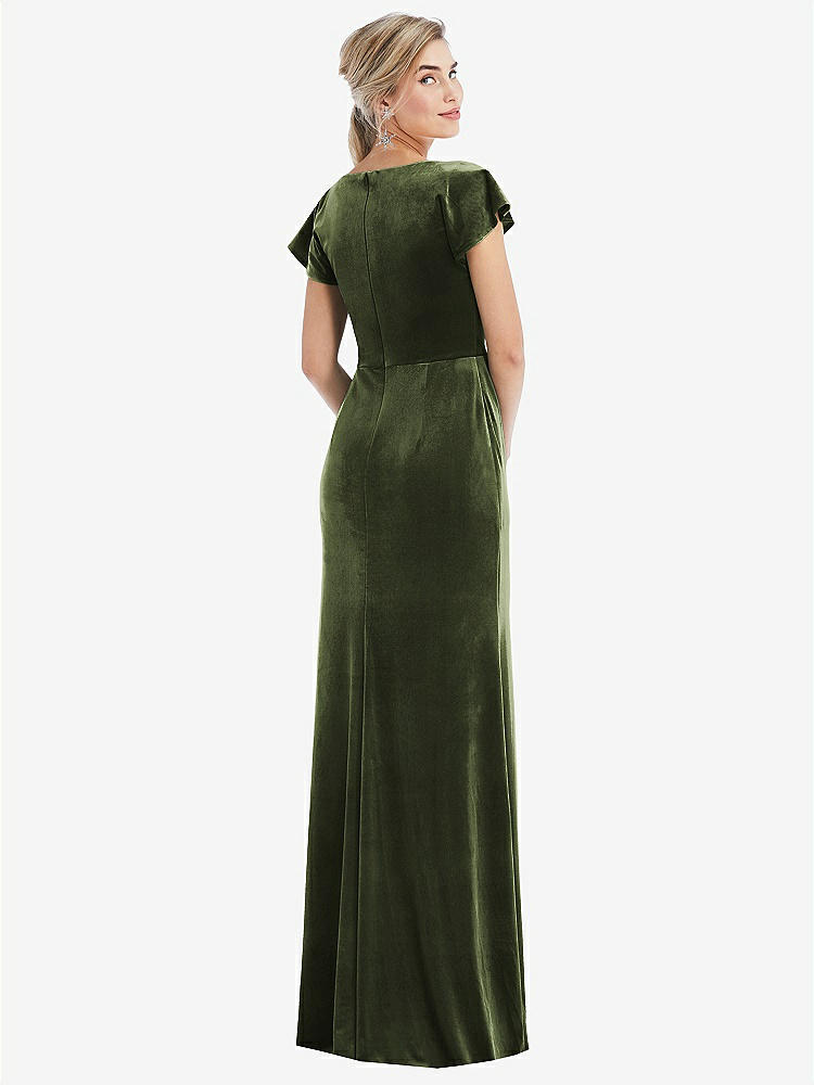 【NEW】【STYLE: TH057】フラッター スリーブ ラップ ボディス ベルベット マキシ ドレス ポケット付き【COLOR: Olive Green】【SIZE: 00-30W】
