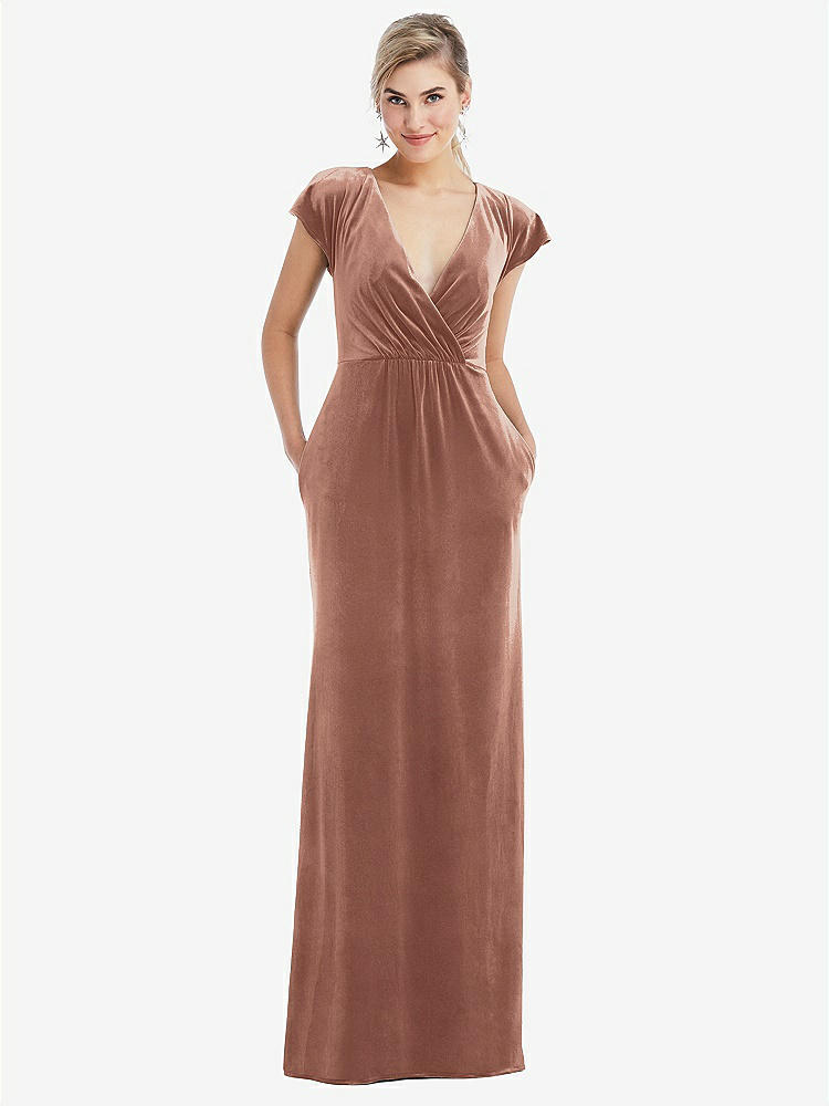 【NEW】【STYLE: TH057】フラッター スリーブ ラップ ボディス ベルベット マキシ ドレス ポケット付き【COLOR: Tawny Rose】【SIZE: 00-30W】