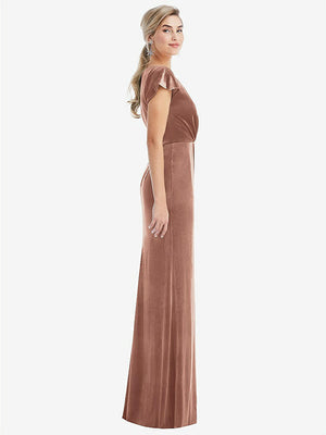 【STYLE: TH057】Flutter Sleeve Wrap Bodice Velvet Maxi Dress with Pockets【COLOR: Tawny Rose】