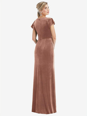 【STYLE: TH057】Flutter Sleeve Wrap Bodice Velvet Maxi Dress with Pockets【COLOR: Tawny Rose】