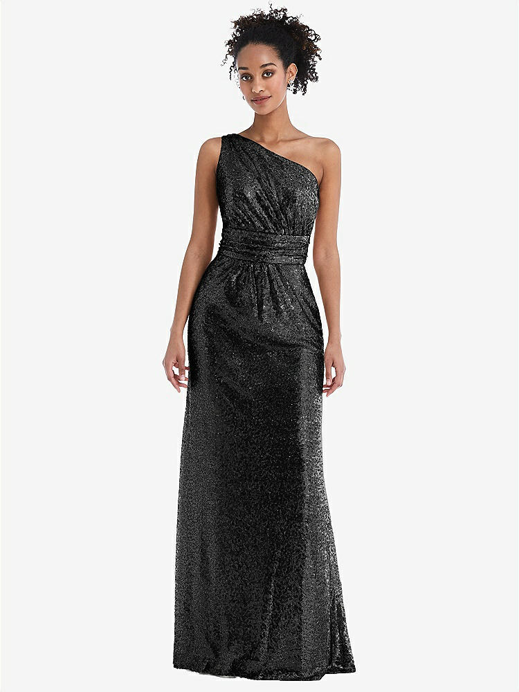 【NEW】【STYLE: TH058】ワンショルダー ドレープ Sequin Maxi ドレス【COLOR: Black】【SIZE: 00-30W】