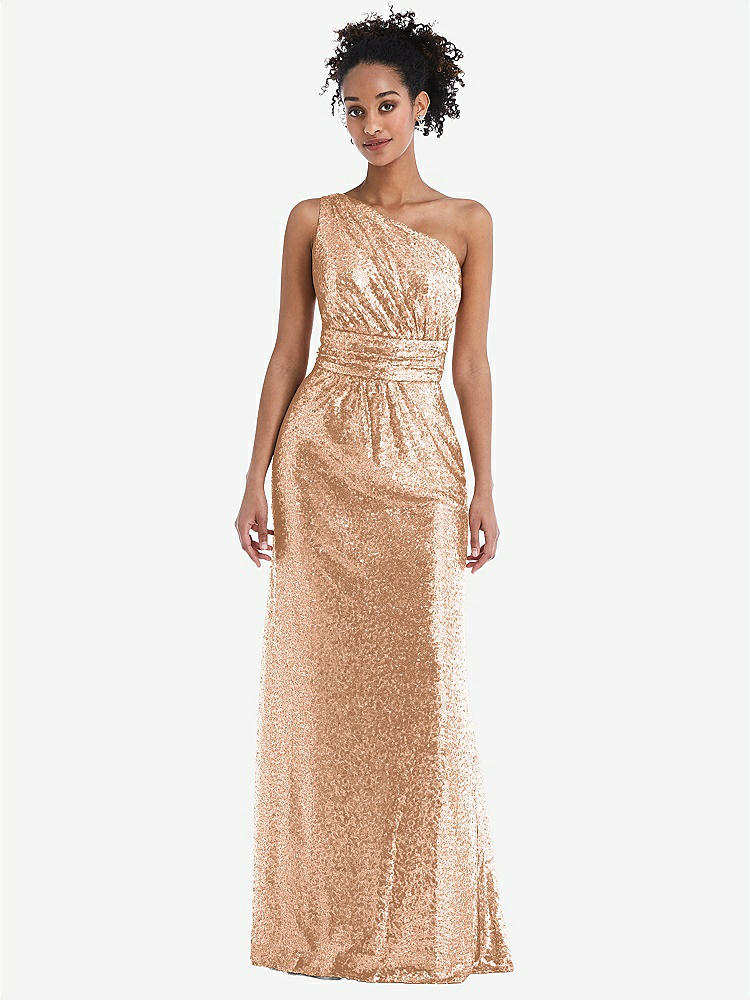 【STYLE: TH058】One-Shoulder Draped Sequin Maxi Dress【COLOR: Copper Rose】
