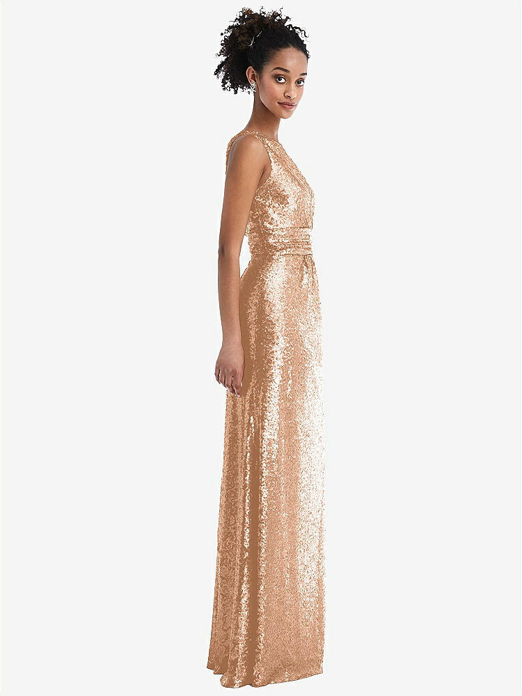 【STYLE: TH058】One-Shoulder Draped Sequin Maxi Dress【COLOR: Copper Rose】