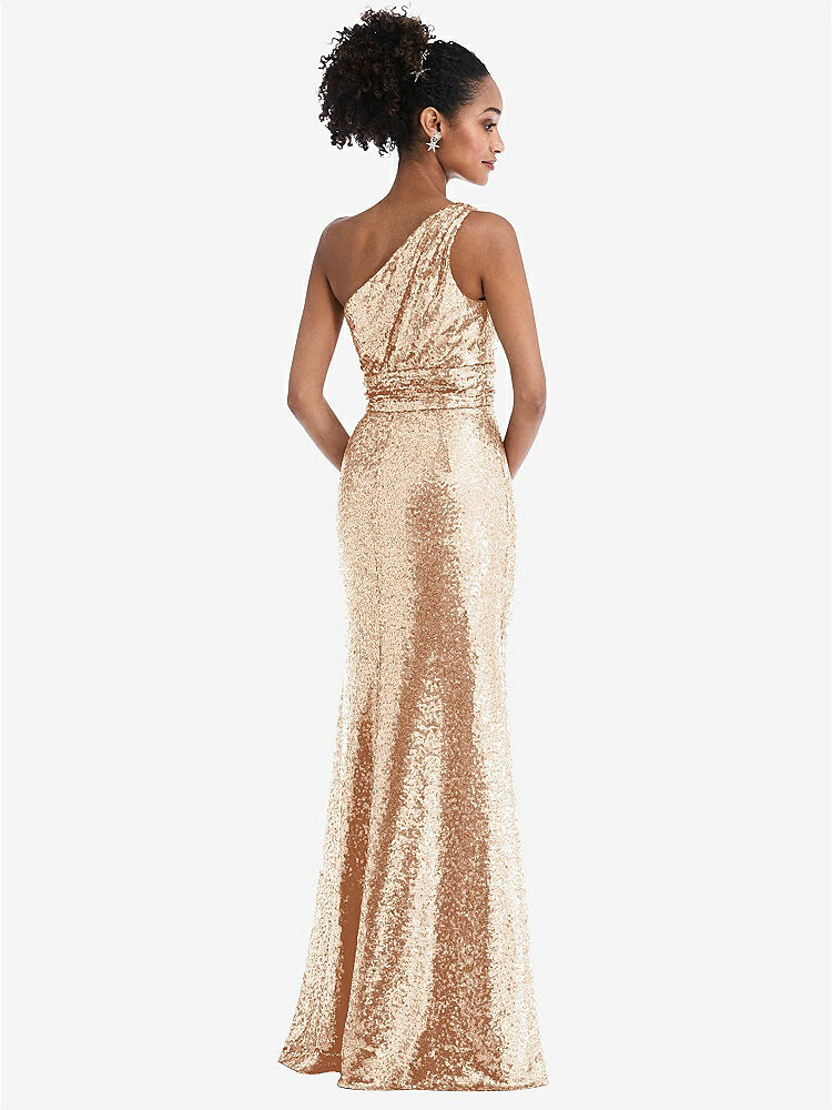 【STYLE: TH058】One-Shoulder Draped Sequin Maxi Dress【COLOR: Rose Gold】