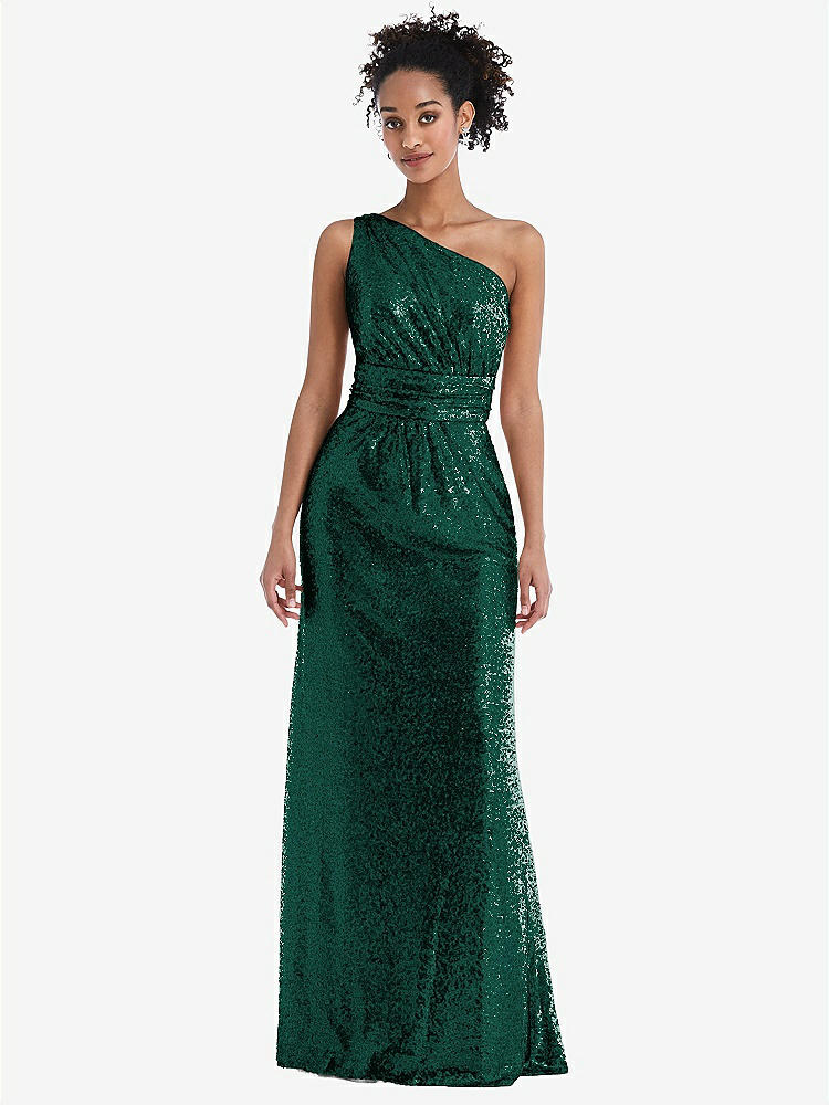 【STYLE: TH058】One-Shoulder Draped Sequin Maxi Dress【COLOR: Hunter Green】