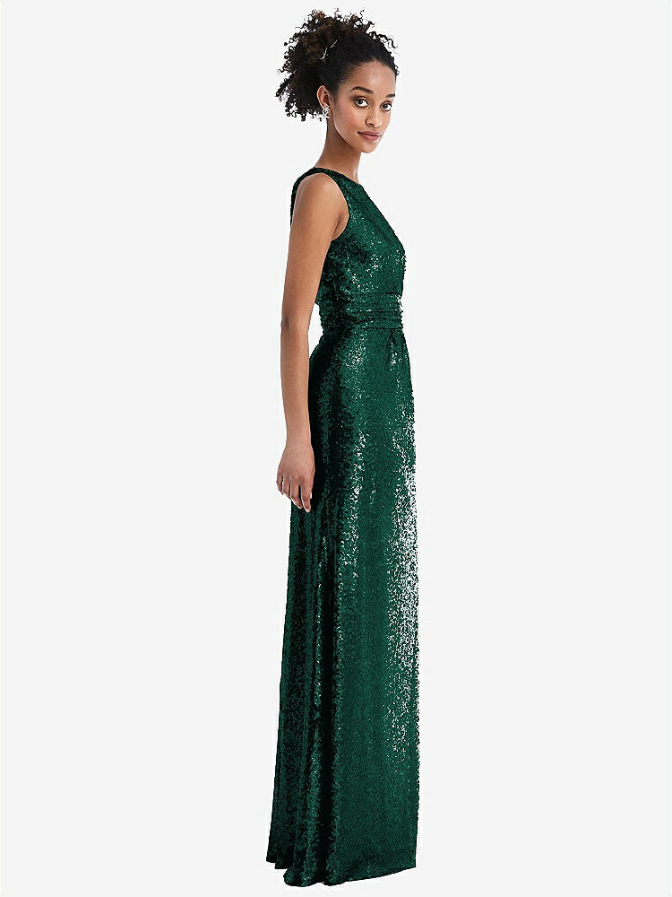【STYLE: TH058】One-Shoulder Draped Sequin Maxi Dress【COLOR: Hunter Green】