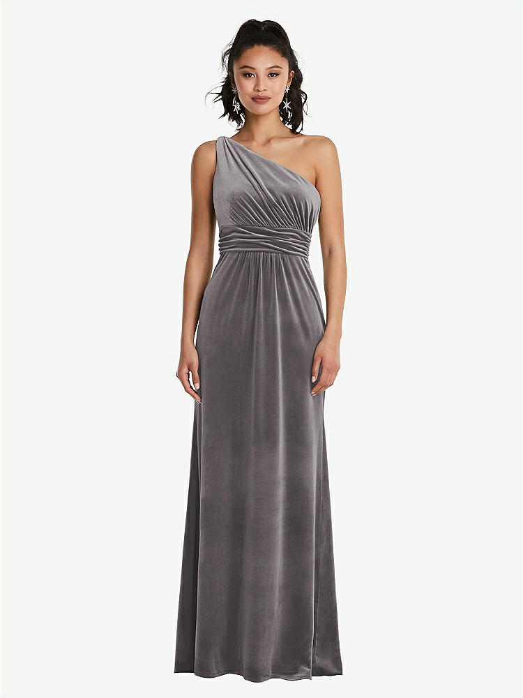 【STYLE: TH059】One-Shoulder Draped Velvet Maxi Dress【COLOR: Caviar Gray】