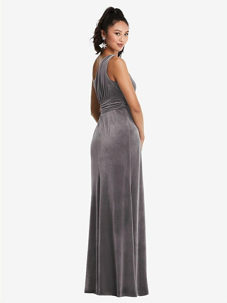 【STYLE: TH059】One-Shoulder Draped Velvet Maxi Dress【COLOR: Caviar Gray】
