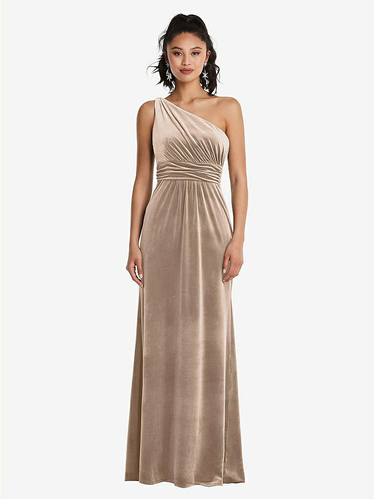 【STYLE: TH059】One-Shoulder Draped Velvet Maxi Dress【COLOR: Topaz】