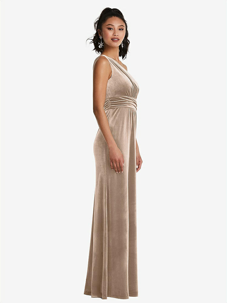 【STYLE: TH059】One-Shoulder Draped Velvet Maxi Dress【COLOR: Topaz】