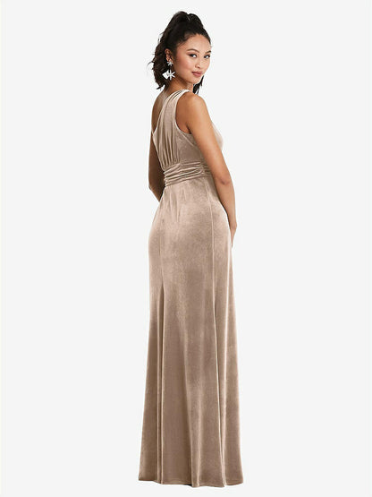 【STYLE: TH059】One-Shoulder Draped Velvet Maxi Dress【COLOR: Topaz】