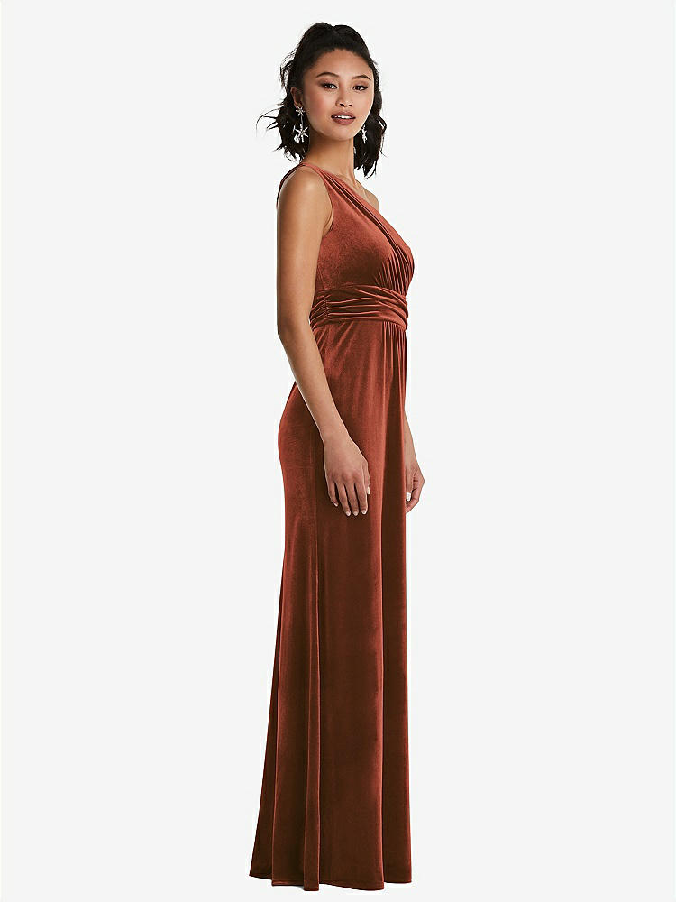 【STYLE: TH059】One-Shoulder Draped Velvet Maxi Dress【COLOR: Auburn Moon】