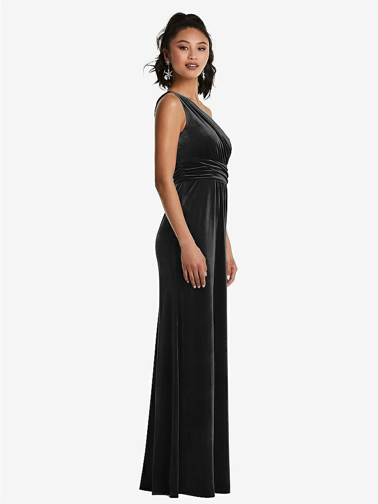 【STYLE: TH059】One-Shoulder Draped Velvet Maxi Dress【COLOR: Black】