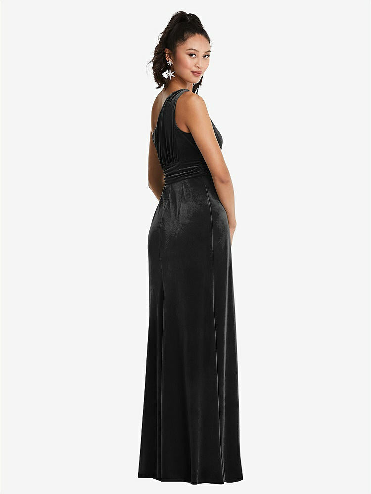 【STYLE: TH059】One-Shoulder Draped Velvet Maxi Dress【COLOR: Black】
