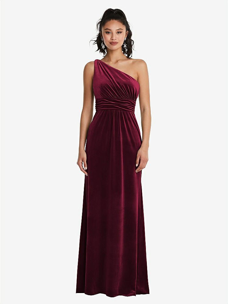 【STYLE: TH059】One-Shoulder Draped Velvet Maxi Dress【COLOR: Cabernet】