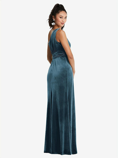 【NEW】【STYLE: TH059】ワンショルダー ドレープ ベルベット マキシ ドレス【COLOR: Dutch Blue】【SIZE: 00-30W】