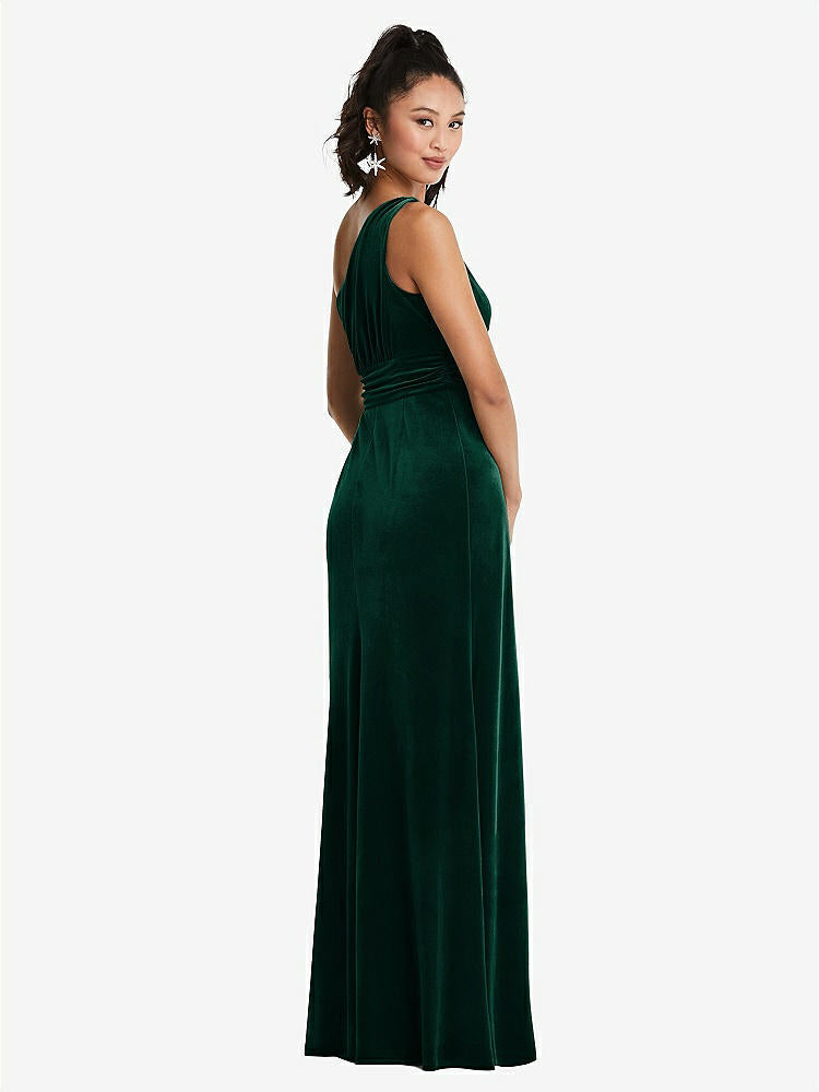 【STYLE: TH059】One-Shoulder Draped Velvet Maxi Dress【COLOR: Evergreen】