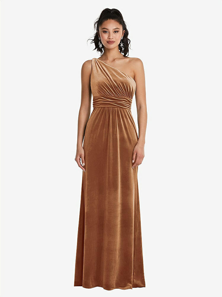 【STYLE: TH059】One-Shoulder Draped Velvet Maxi Dress【COLOR: Golden Almond】
