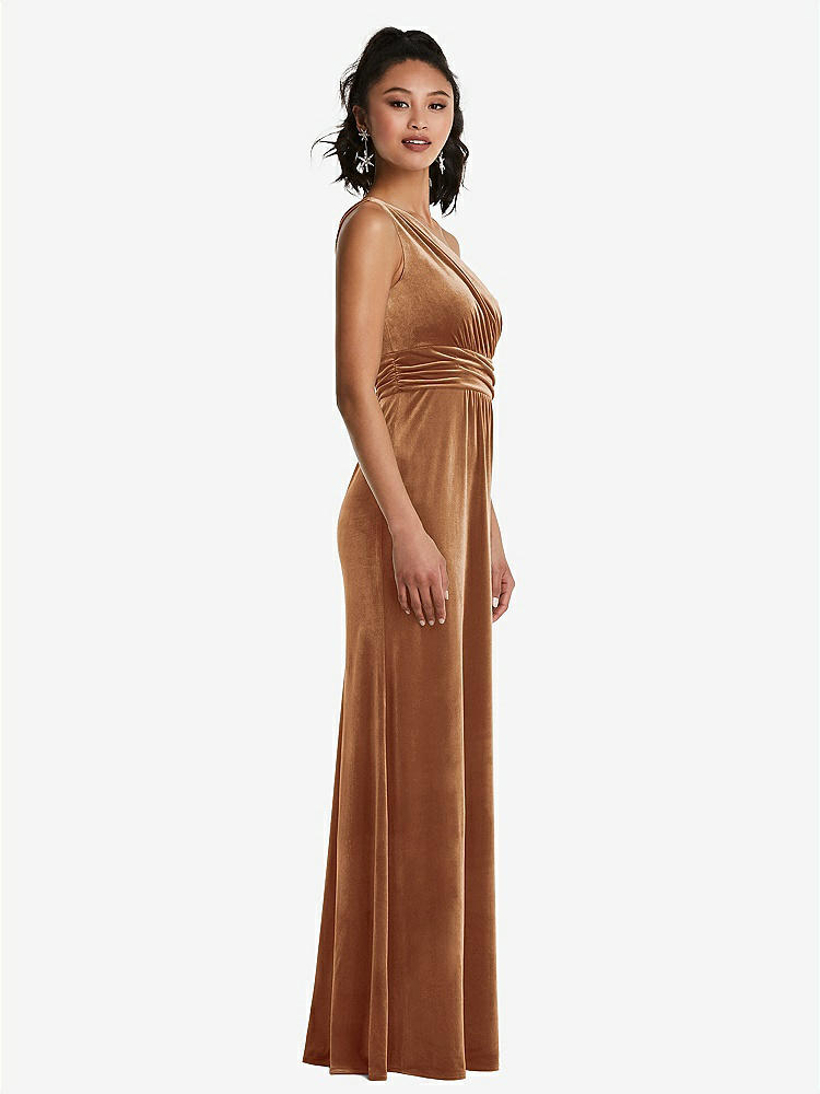 【STYLE: TH059】One-Shoulder Draped Velvet Maxi Dress【COLOR: Golden Almond】