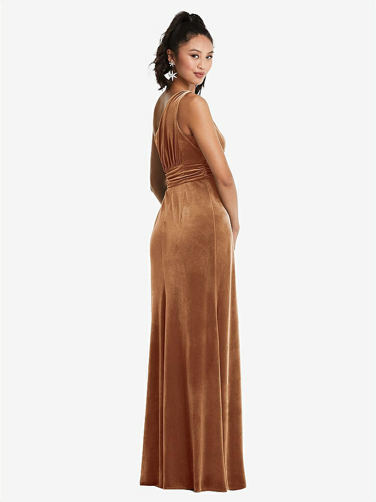 【STYLE: TH059】One-Shoulder Draped Velvet Maxi Dress【COLOR: Golden Almond】
