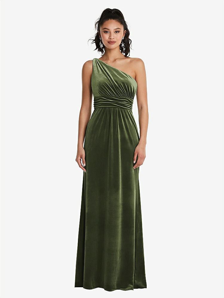 【STYLE: TH059】One-Shoulder Draped Velvet Maxi Dress【COLOR: Olive Green】