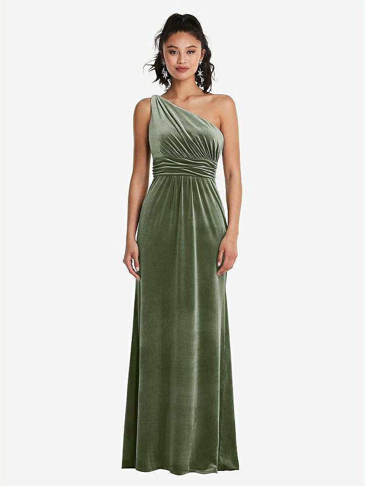 【STYLE: TH059】One-Shoulder Draped Velvet Maxi Dress【COLOR: Sage】