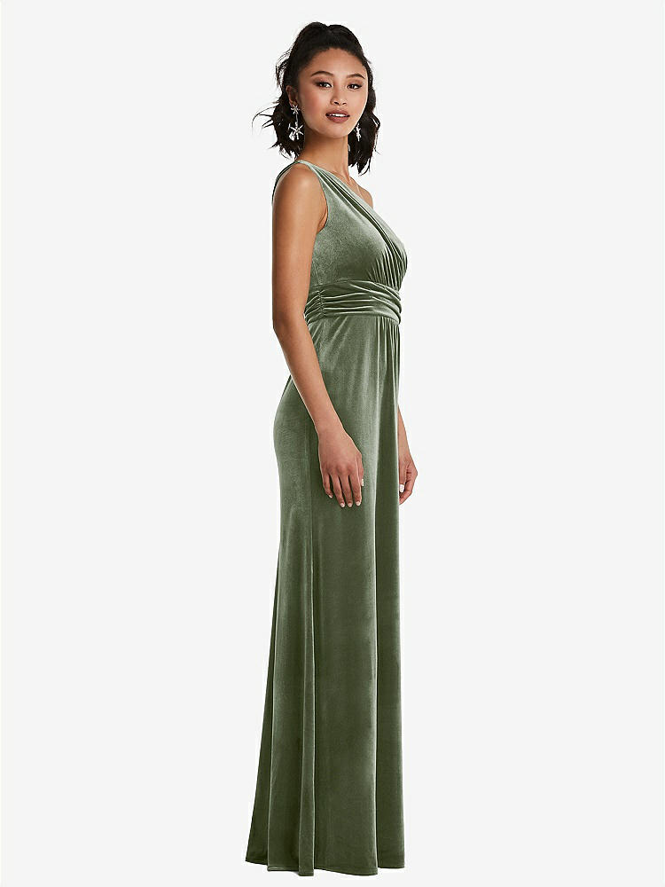 【STYLE: TH059】One-Shoulder Draped Velvet Maxi Dress【COLOR: Sage】