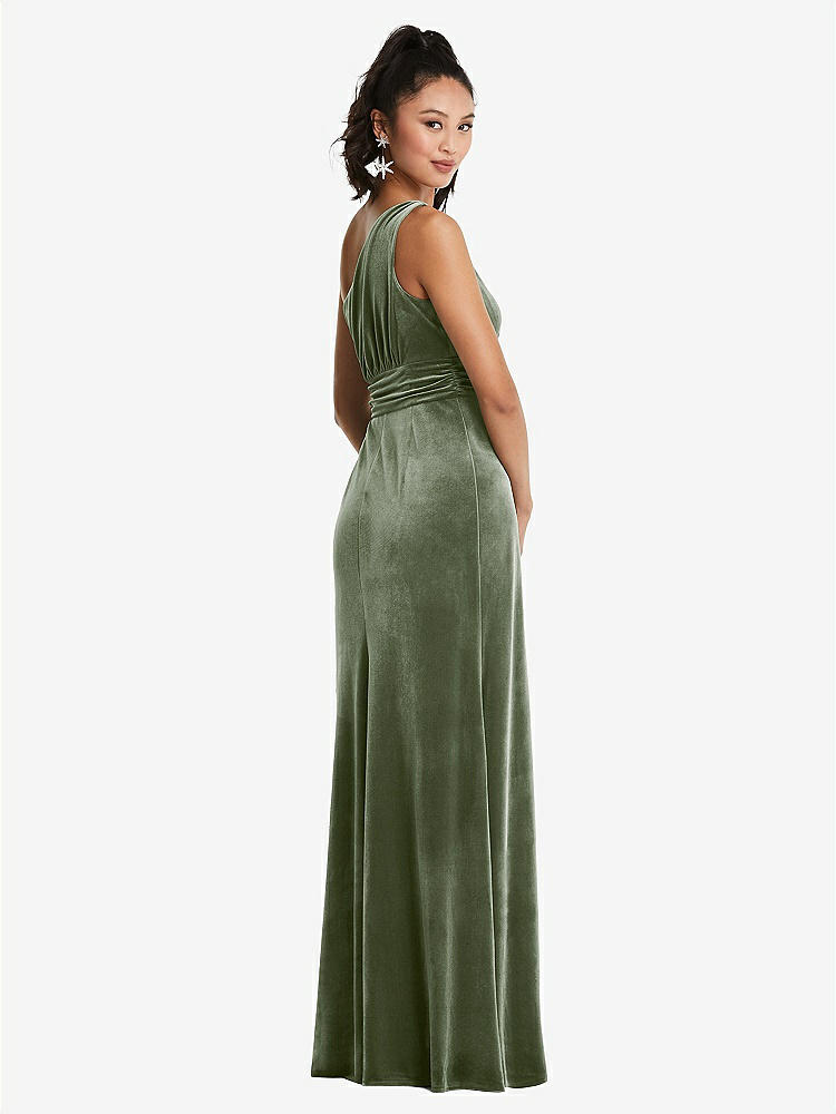 【STYLE: TH059】One-Shoulder Draped Velvet Maxi Dress【COLOR: Sage】