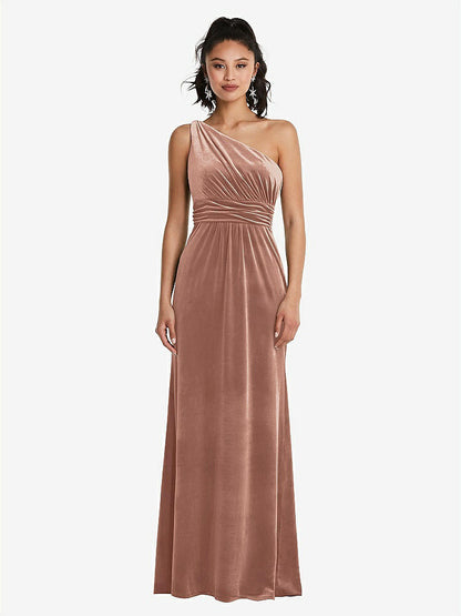 【STYLE: TH059】One-Shoulder Draped Velvet Maxi Dress【COLOR: Tawny Rose】
