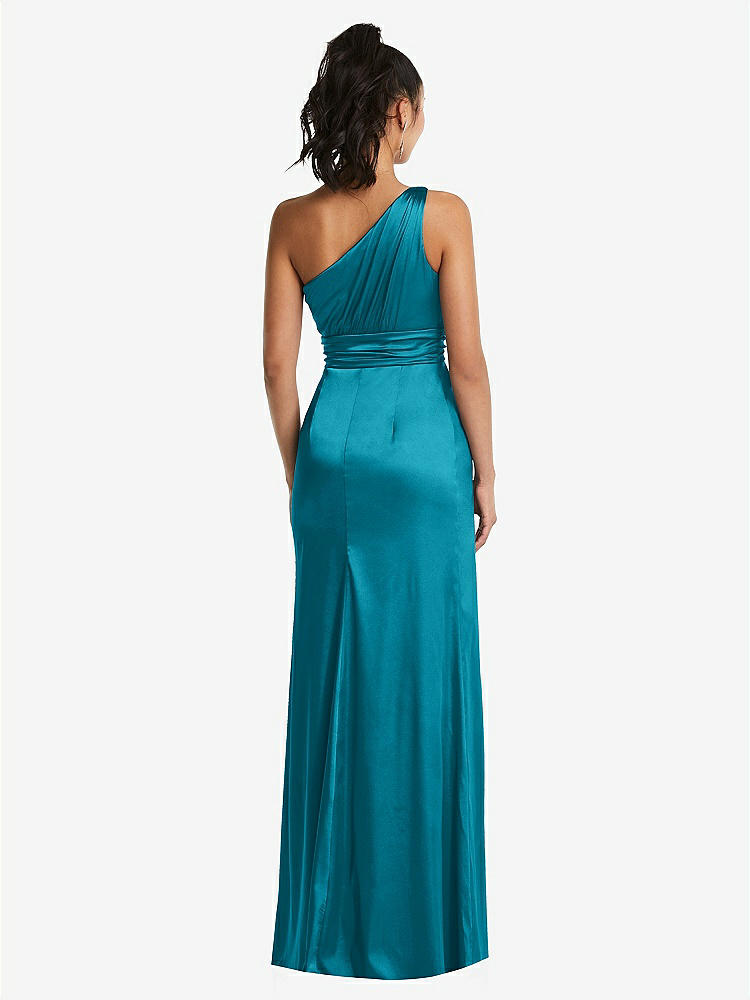 【NEW】【STYLE: TH063】ワンショルダー ドレープ サテン マキシ ドレス【COLOR: Oasis】【SIZE: 00-30W】