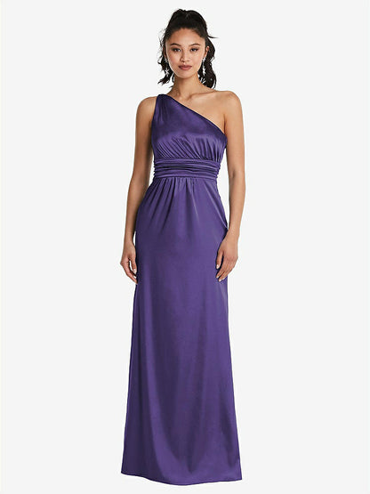 【STYLE: TH063】One-Shoulder Draped Satin Maxi Dress【COLOR: Regalia - PANTONE Ultra Violet】