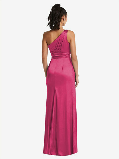 【STYLE: TH063】One-Shoulder Draped Satin Maxi Dress【COLOR: Shocking】