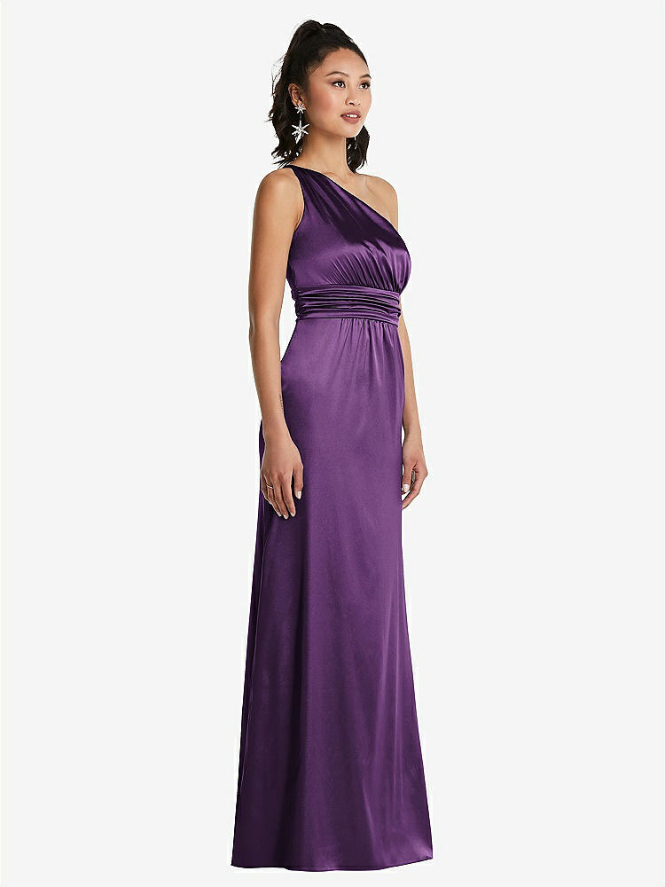 【STYLE: TH063】One-Shoulder Draped Satin Maxi Dress【COLOR: African Violet】