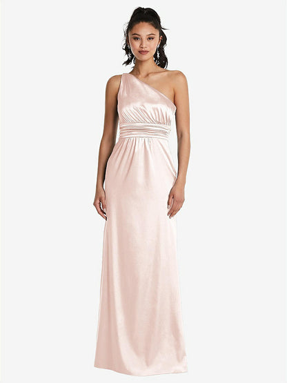 【STYLE: TH063】One-Shoulder Draped Satin Maxi Dress【COLOR: Blush】