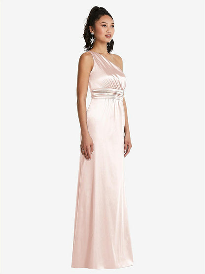 【STYLE: TH063】One-Shoulder Draped Satin Maxi Dress【COLOR: Blush】