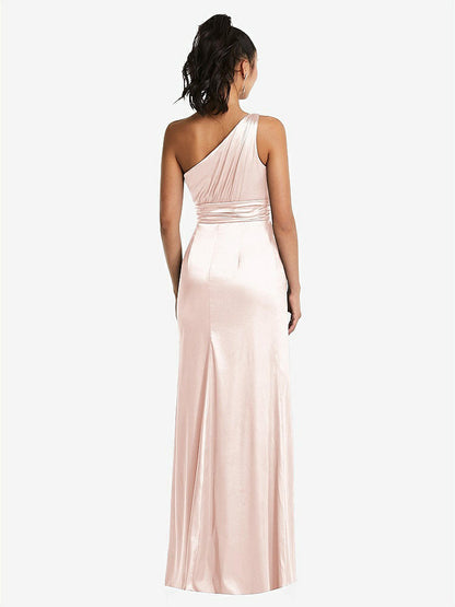 【STYLE: TH063】One-Shoulder Draped Satin Maxi Dress【COLOR: Blush】