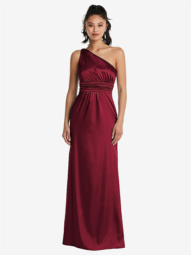 【STYLE: TH063】One-Shoulder Draped Satin Maxi Dress【COLOR: Burgundy】
