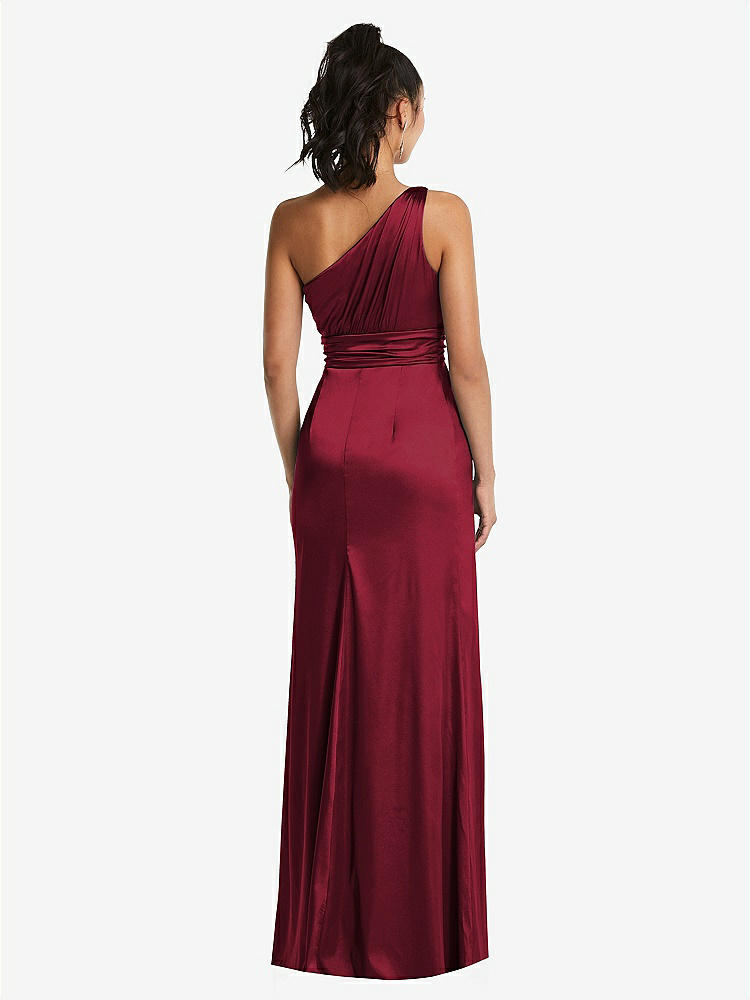 【STYLE: TH063】One-Shoulder Draped Satin Maxi Dress【COLOR: Burgundy】