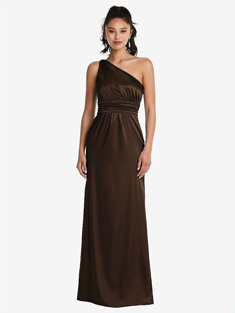 【STYLE: TH063】One-Shoulder Draped Satin Maxi Dress【COLOR: Espresso】