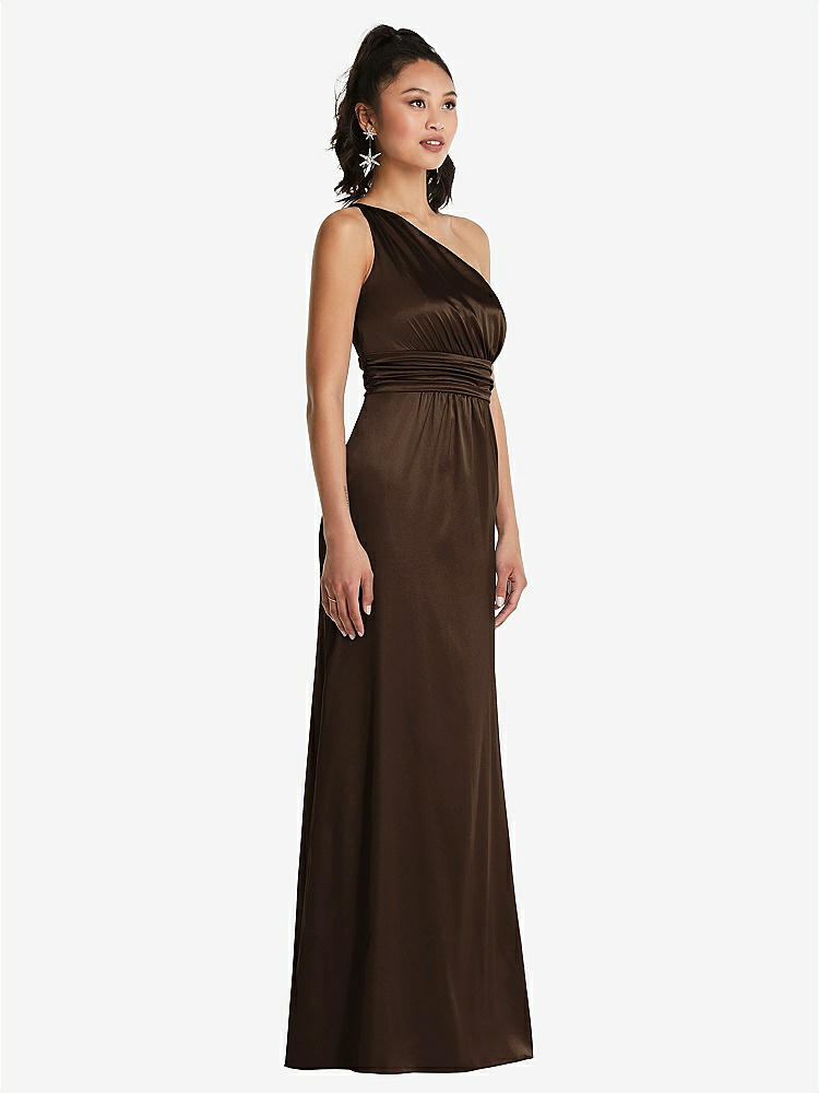 【STYLE: TH063】One-Shoulder Draped Satin Maxi Dress【COLOR: Espresso】