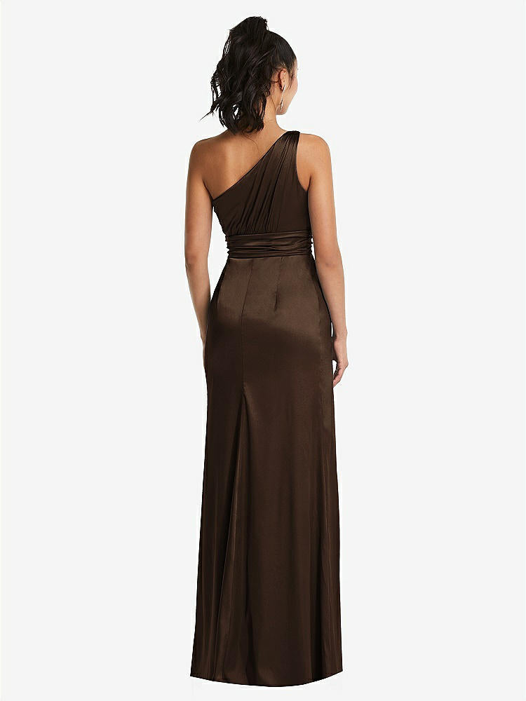 【STYLE: TH063】One-Shoulder Draped Satin Maxi Dress【COLOR: Espresso】