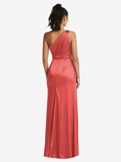 【STYLE: TH063】One-Shoulder Draped Satin Maxi Dress【COLOR: Perfect Coral】