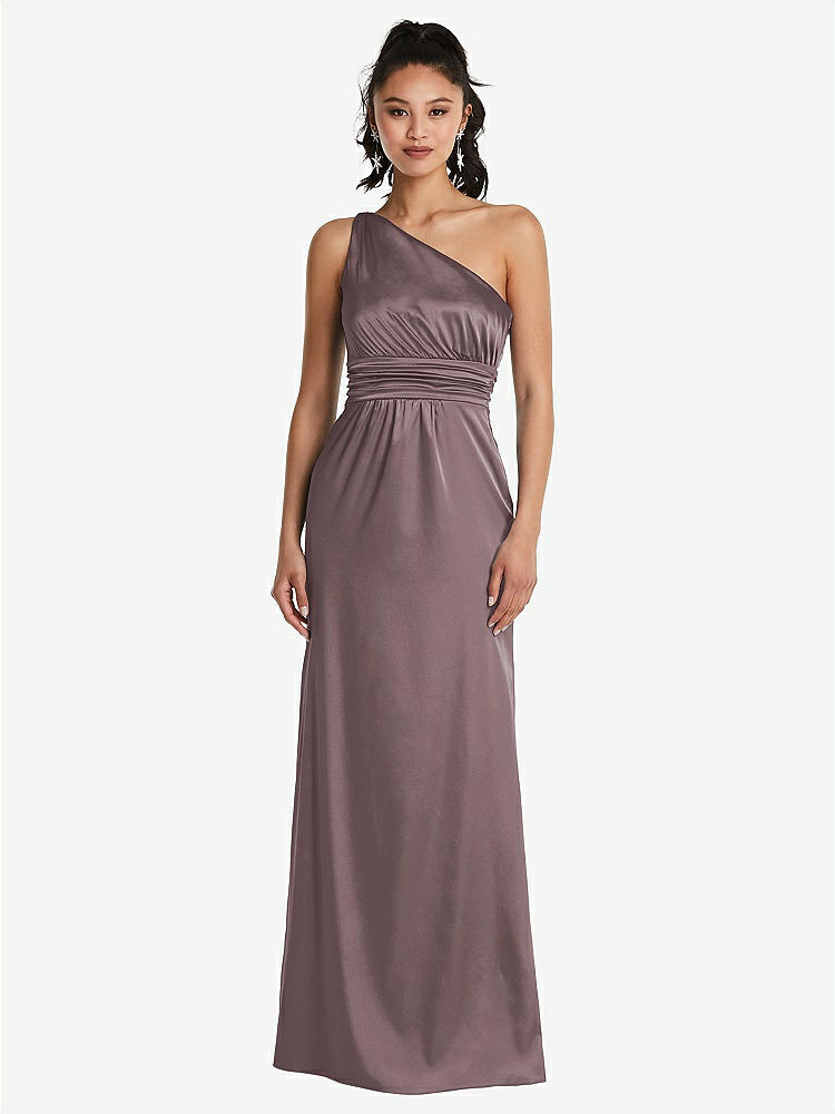 【STYLE: TH063】One-Shoulder Draped Satin Maxi Dress【COLOR: French Truffle】